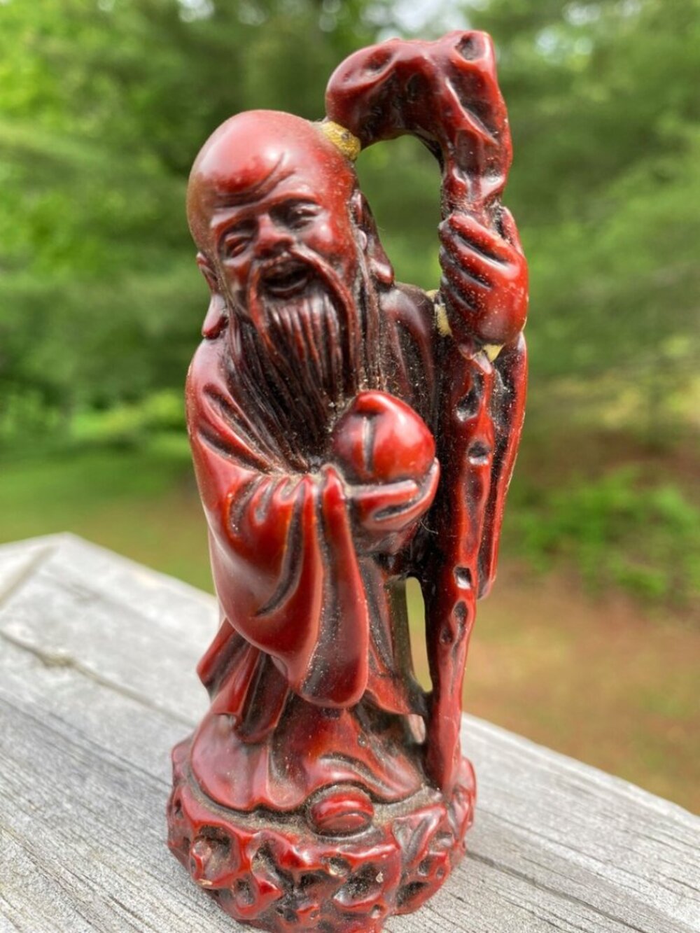 Vintage Chinese Hand Carved Red Miniature Cinnabar 4" Figurine Wizard Sculpture